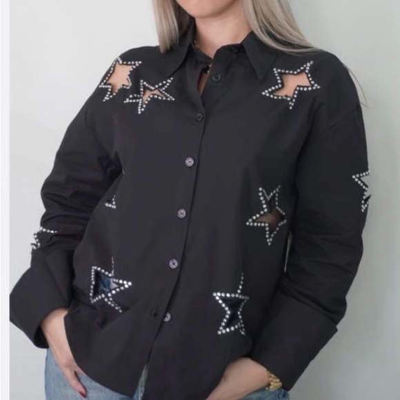 Tops - Black Star Cutouts Embellished Button-Up Shirt
